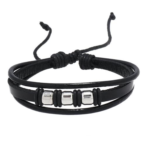 Mode créer Bracelets cordon de cire, Faux cuir, avec corde de cire & silicone & alliage de zinc, fait à la main, trois couches & bijoux de mode & pour homme, noire Environ 5.5-6.5 cm, Vendu par PC