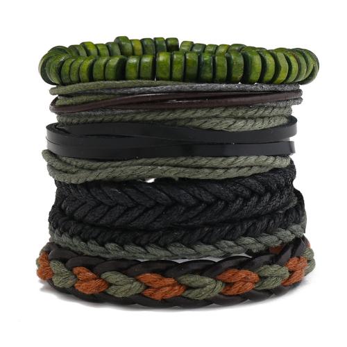 Wrap Bracelets, Wood, with PU Leather Cord & Wax Cord & Copper Coated Plastic & Zinc Alloy, handmade, 6 pieces & fashion jewelry & for man 