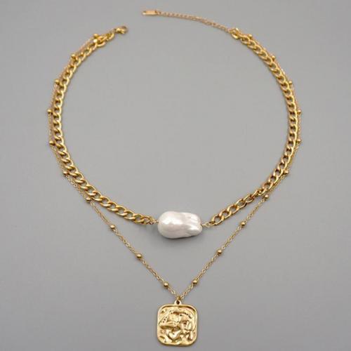 Collier de bijoux de titane, Acier titane, avec perle de plastique, avec 6cm chaînes de rallonge, fait à la main, Double couche & bijoux de mode & pour femme, Or Environ 40 cm, Environ 46 cm, Vendu par PC
