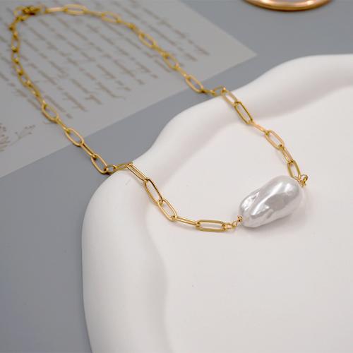 Collar de la joyería de titanio, Partículas de acero, con Perlas plásticas, hecho a mano, para mujer, dorado, longitud:aproximado 46 cm, Vendido por UD