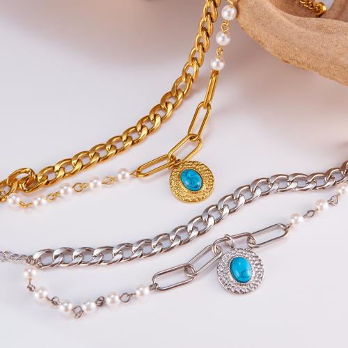 Stainless Steel Jewelry Necklace, 304 Stainless Steel, with turquoise & Plastic Pearl, with 35mm extender chain, plated, Double Layer & fashion jewelry & for woman Approx 150 mm 