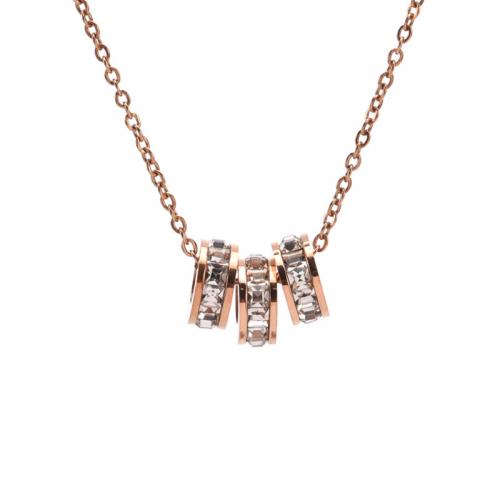 Collar de la joyería de titanio, Partículas de acero, con 5mm extender cadena, chapado, para mujer & con diamantes de imitación, color de rosa dorada, longitud:aproximado 45 cm, Vendido por UD