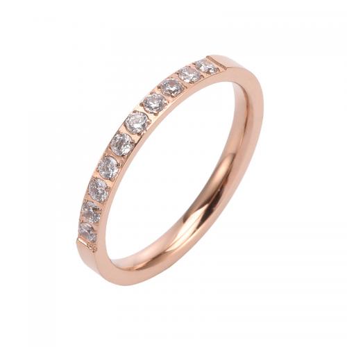 Titanium Steel Finger Ring, plated & for woman & with rhinestone, rose gold color 