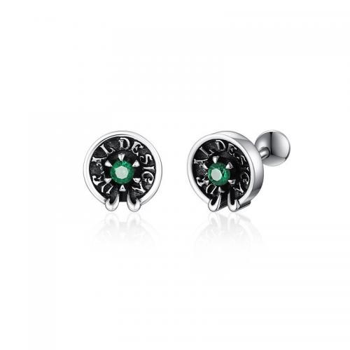 Zinc Alloy Stud Earring, Round, plated, with letter pattern & micro pave cubic zirconia & for man & blacken 10mm 