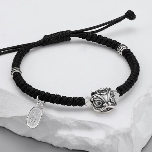 Zinc Alloy Bracelet, with Waxed Cotton Cord, Lion, silver color plated, vintage & braided & for man Approx 7-10 Inch 
