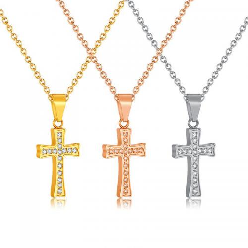 Stainless Steel Jewelry Necklace, 304 Stainless Steel, with 60mm extender chain, Cross, plated, fashion jewelry & micro pave cubic zirconia & for woman x9.7mm Approx 440 mm 