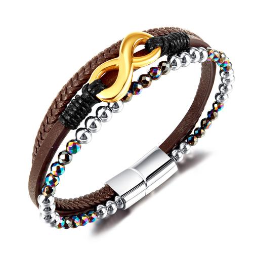 PU Leather Cord Bracelets, with Hematite & 304 Stainless Steel, handmade, three layers & fashion jewelry & for man mm Approx 210 mm [