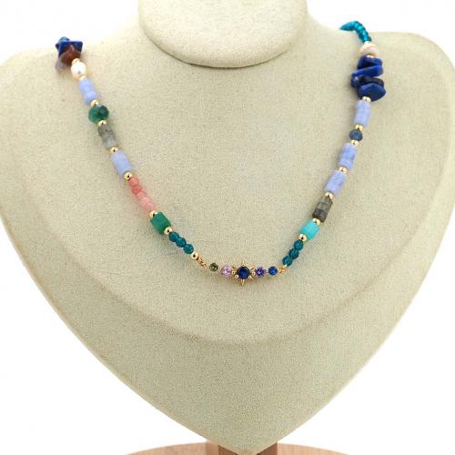 Gemstone Necklaces, Brass, with Gemstone, 18K gold plated, fashion jewelry & Unisex & micro pave cubic zirconia, mixed colors Approx 44 cm 