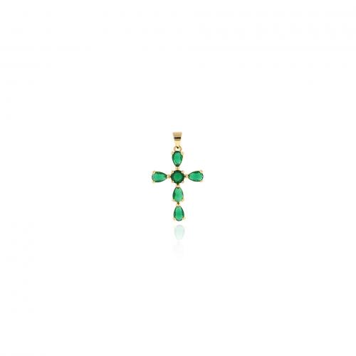 Cubique Pendentif en laiton zircon pavent, croix, Plaqué or 18K, bijoux de mode & DIY & pavé de micro zircon, vert Vendu par PC