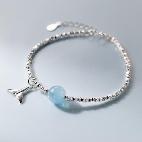 Sterling Silver Bracelets, 925 Sterling Silver, with Aquamarine, with 3.5cm extender chain, handmade, Length Adjustable & fashion jewelry & for woman Approx 15.5 cm 