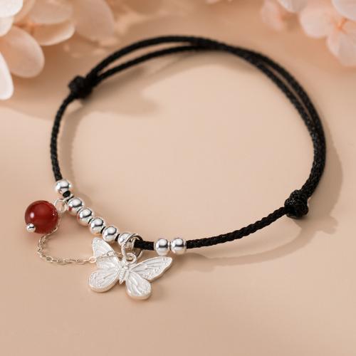 Sterling Silver Bracelets, 925 Sterling Silver, with Cotton Cord & Agate, Butterfly, handmade, Length Adjustable & fashion jewelry & for woman Approx 23 cm 