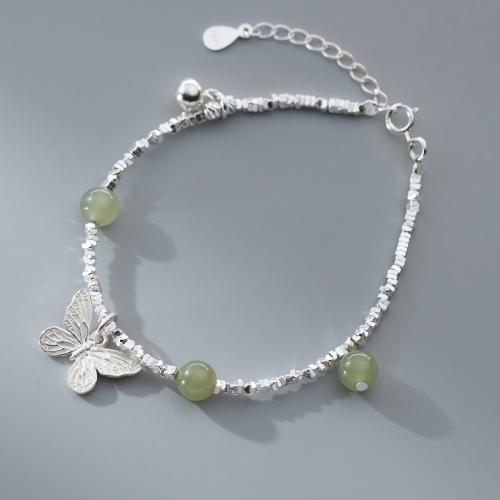Sterling Silver Bracelets, 925 Sterling Silver, with Jade, with 3.5cm extender chain, Butterfly, handmade, fashion jewelry & for woman Approx 16 cm 