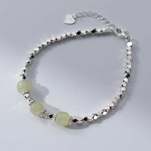 Sterling Silver Bracelets, 925 Sterling Silver, with Jade, with 4cm extender chain, handmade, fashion jewelry & for woman Approx 16 cm 