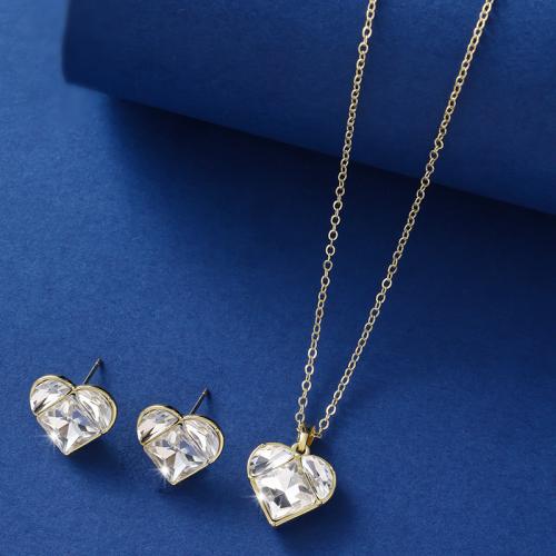 Brass Jewelry Set, Stud Earring & necklace, with 5cm extender chain, Heart, plated, 2 pieces & micro pave cubic zirconia & for woman Approx 39 cm 