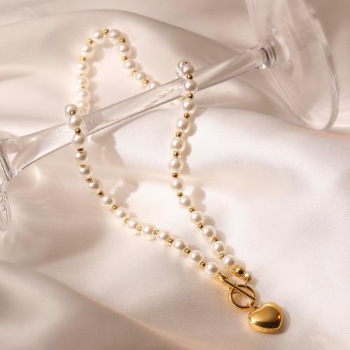 Plastic Pearl Necklace, Brass, with Plastic Pearl, Heart, gold color plated, for woman, white cm 