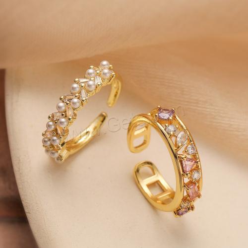 Cubic Zirconia Micro Pave Brass Finger Ring, with Plastic Pearl, gold color plated & micro pave cubic zirconia & for woman 