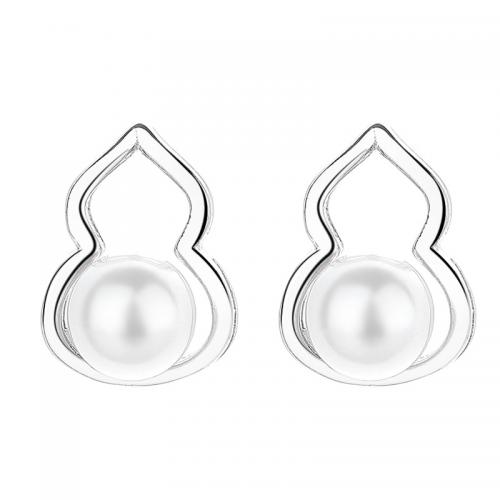 Sterling Silver Stud Earring, 925 Sterling Silver, with Plastic Pearl, Calabash, plated, for woman 