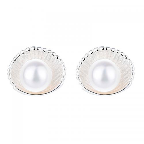Sterling Silver Stud Earring, 925 Sterling Silver, with Plastic Pearl, plated, for woman, silver color 