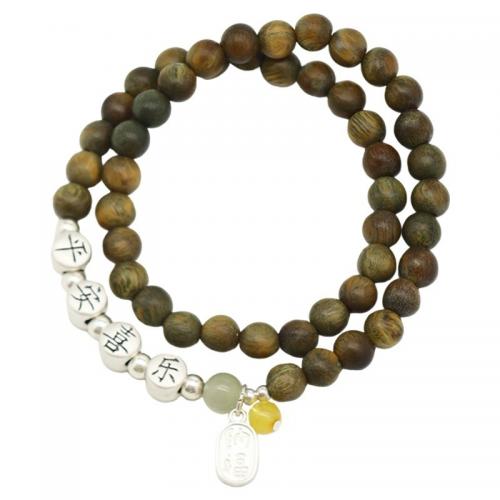 Green Sandalwood Bracelet, with 925 Sterling Silver & Beeswax & Hetian Jade, Double Layer & for woman Approx 6 Inch 