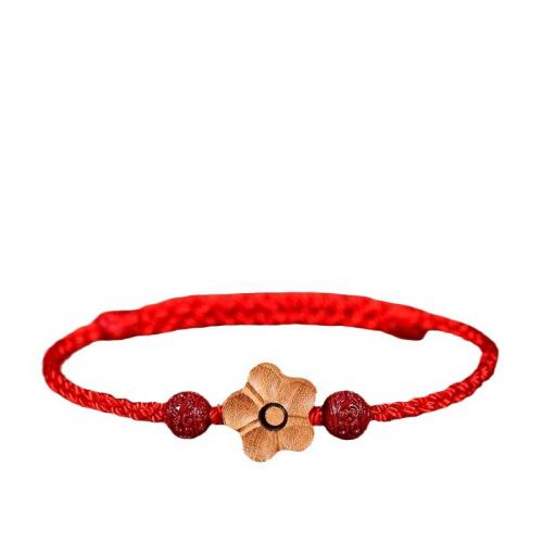 Cotton Cord Bracelet, with Peach Wood & Cinnabar, Flower, handmade, folk style & braided & for woman Approx 6-8 Inch 