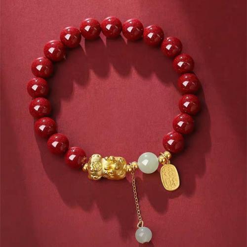 Cinnabar Bracelet, with 925 Sterling Silver & Hetian Jade, Fabulous Wild Beast, gold color plated, folk style & for woman Approx 6 Inch [