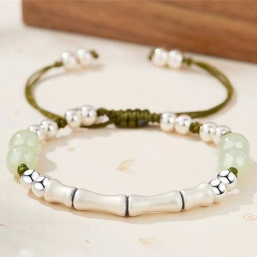 Cotton Cord Bracelet, with 925 Sterling Silver & Hetian Jade, Bamboo, handmade, folk style & Unisex & braided Approx 6-10 Inch 