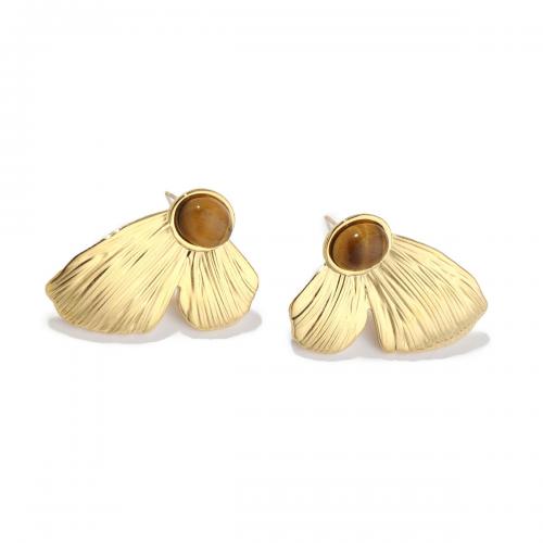 Stainless Steel Stud Earring, 304 Stainless Steel, with Tiger Eye, Butterfly, 18K gold plated, fashion jewelry & for woman, golden 