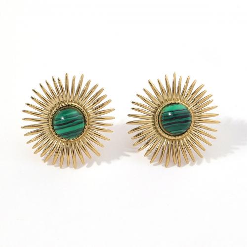Stainless Steel Stud Earring, 304 Stainless Steel, with Malachite, 18K gold plated, fashion jewelry & for woman, golden 