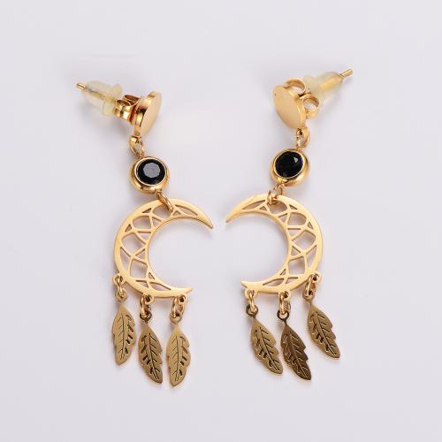 Stainless Steel Drop Earring, 316L Stainless Steel, 18K gold plated, fashion jewelry & for woman & with rhinestone, golden, 45mm 