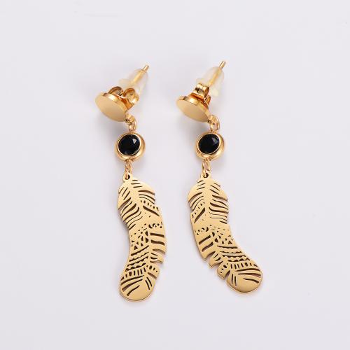 Stainless Steel Drop Earring, 316L Stainless Steel, Feather, 18K gold plated, fashion jewelry & for woman & with rhinestone, golden, 40mm 