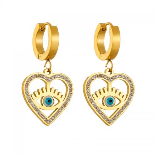 Titanium Steel Earrings, Heart, fashion jewelry & for woman & with rhinestone, golden 