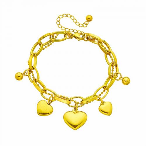 Titanium Steel Bracelet & Bangle, with 4cm extender chain, Heart, Double Layer & fashion jewelry & for woman, golden Approx 16 cm 