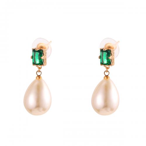 Boucles d'oreilles en laiton zircon cubique, avec perle de plastique, Placage de couleur d'or, bijoux de mode & pavé de micro zircon & pour femme Vendu par paire