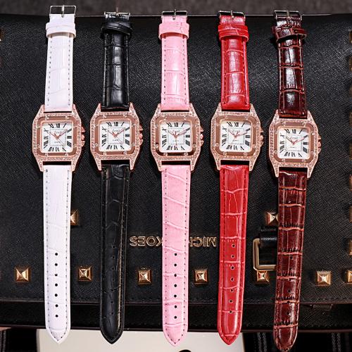 Bracelets de montre pour femmes, cuir PU, avec verre & Acier inoxydable 304 & alliage de zinc, mouvement chinoise & avec strass, plus de couleurs à choisir, Dial 31mm, thickness :8.6mm., Vendu par PC