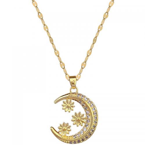 Titanium Steel Necklace, with Brass, with 2inch extender chain, Moon, gold color plated, for woman & with rhinestone Approx 15.7 Inch 