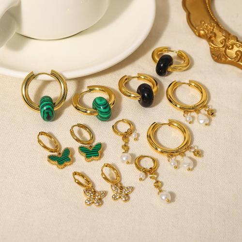 Titanium Steel Earrings, with Malachite & Plastic Pearl, 18K gold plated & for woman & with rhinestone, golden 