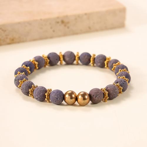 Lava Bead Bracelet, Zinc Alloy, with Lava, gold color plated, fashion jewelry & for woman, grey 