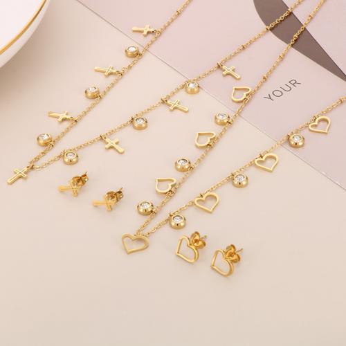 Fashion Stainless Steel Jewelry Sets, 304 Stainless Steel, Stud Earring & necklace, 2 pieces & micro pave cubic zirconia & for woman, golden Approx 46 cm 
