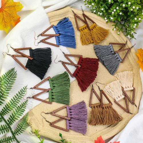 Fashion Tassel Earring, Polyester Cord, with Wood, fashion jewelry & for woman & hollow 
