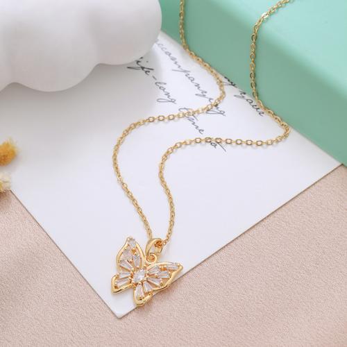 Cubic Zircon Micro Pave Brass Necklace, with 5CM extender chain, Butterfly, real gold plated, micro pave cubic zirconia & for woman, golden Approx 45 cm 