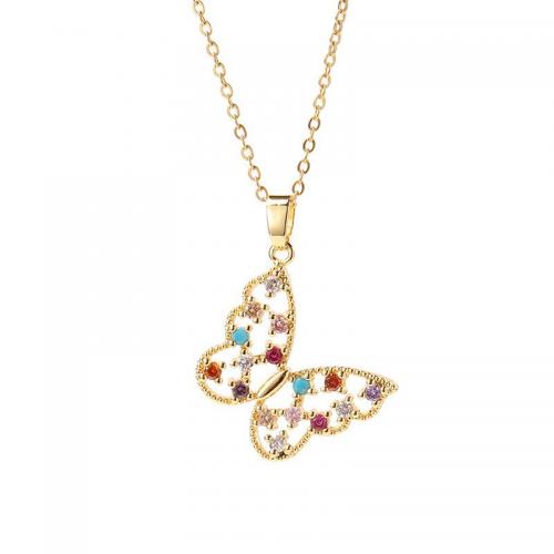 Cubic Zircon Micro Pave Brass Necklace, with Titanium Steel, with 5CM extender chain, Butterfly, real gold plated, micro pave cubic zirconia & for woman Approx 40 cm 