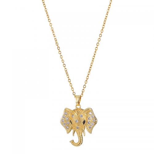 Cubic Zircon Micro Pave Brass Necklace, with Titanium Steel, with 5CM extender chain, Elephant, real gold plated & micro pave cubic zirconia & for woman & enamel, golden Approx 40 cm 