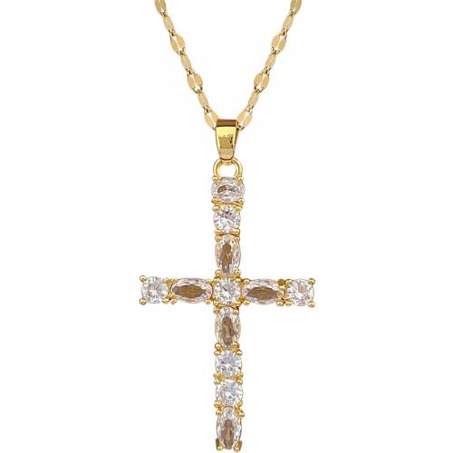 Titanium Steel Necklace, with Brass, with 2inch extender chain, Cross, gold color plated, for woman & with rhinestone Approx 15.7 Inch 