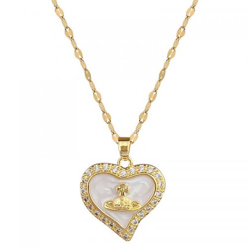 Titanium Steel Necklace, with Brass, with 2inch extender chain, Heart, gold color plated, micro pave cubic zirconia & for woman & enamel Approx 15.7 Inch 