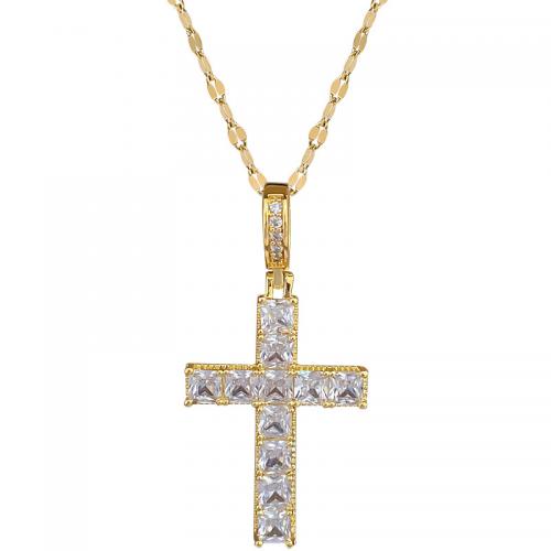 Titanium Steel Necklace, with Brass, with 2inch extender chain, Cross, gold color plated, micro pave cubic zirconia & for woman Approx 15.7 Inch 
