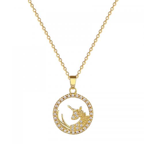 Titanium Steel Necklace, with Brass, with 2inch extender chain, Unicorn, gold color plated, micro pave cubic zirconia & for woman & hollow Approx 15.7 Inch 