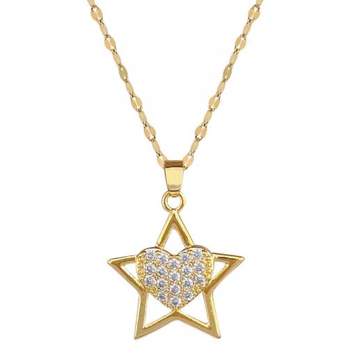 Titanium Steel Necklace, with Brass, with 2inch extender chain, Star, gold color plated, for woman & with rhinestone & hollow Approx 15.7 Inch 