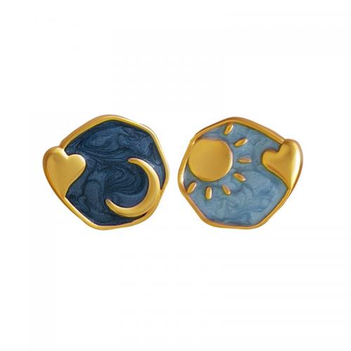 Brass Stud Earring, real gold plated, fashion jewelry & for woman & enamel, blue 