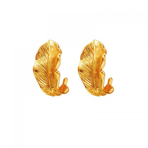 Brass Stud Earring, Feather, real gold plated, fashion jewelry & for woman, golden 