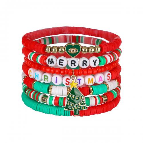 Polymer Clay Bracelets, with 304 Stainless Steel, 7 pieces & Christmas Design & fashion jewelry & for woman, mixed colors 